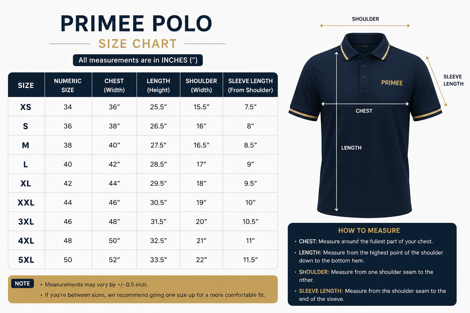 PRIMEE BLACK POLO size chart